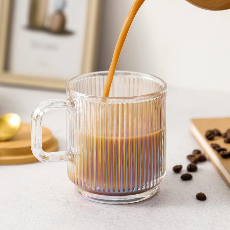 Lysenn Iridescent Glass Coffee Mug with Lid - Premium Classical Vertical Stripes Glass Tea Cup - for |Latte|Tea|Chocolate|Juice|Water| - Unleaded - Bamboo Lid - 12.5 Ounces - Image 2