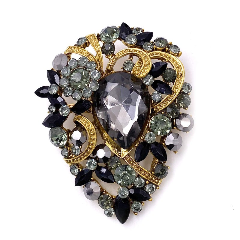 LAXPICOL Women's Vintage Black Austrian Crystal Elegant Flower Teardrop Brooch Gold Tone - Image 1