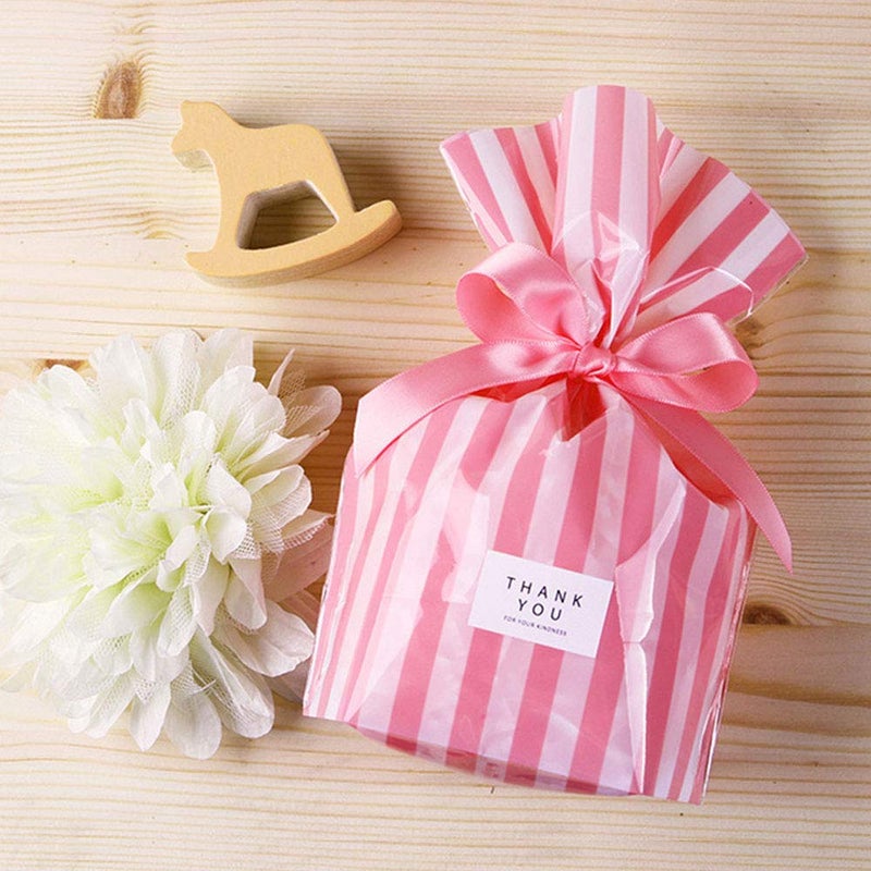 YESON Pink Stripe Clear Cello Bags Candy Plastic favor cellophane Treat Bags,Pack of 50