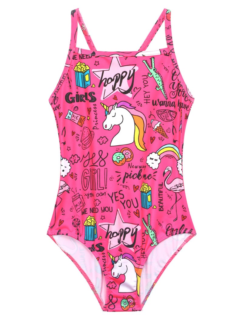 Nokecina Girls Swimsuit Size 4t 5t One Piece Bathing Suit Hot Pink Cartoon Pattern Quick Dry Breathable Swimwear for Swim Practice - Image 1