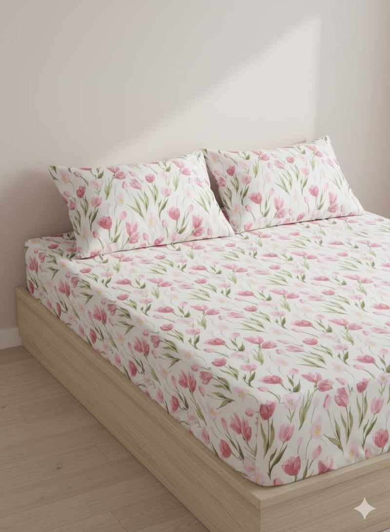Yarlin-Bed Set (Fitted Bedsheet for 160 cm beds and 2 Small Pillowcases (Pink Lotus) Design