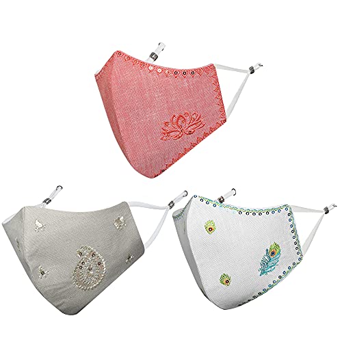 MASQ Lotus 4 Layer, Reusable, with Ear Adjusters, Anti-Bacterial BFE>99% Embroidered Linen Cloth Face Mask Combo for Women (Large, White-Red-Beige, Pack of 3)., Linen, Without Valve - Image 1