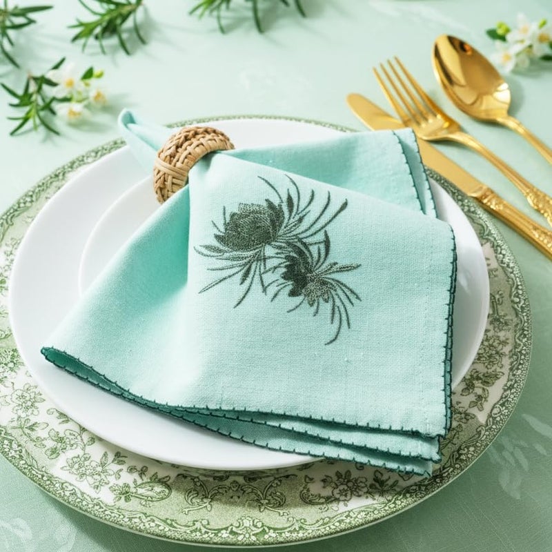 Rustique Linens 100% Cotton Embroidered Cloth Napkins – Set of 6 Large 46 x 46 cm | Soft, Absorbent Dinner Napkins for Dining Table & Kitchen | Green Bloom - Image 1