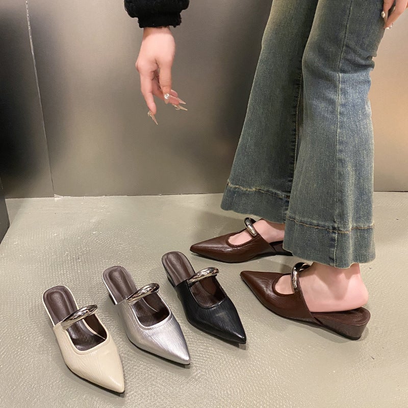 French Retro Wedge Heel Pointed Toe Mule Shoes 2025 Spring And Style Metal Thick Heel Feminine Toe-Toe Shoes Half Slippers - Image 2
