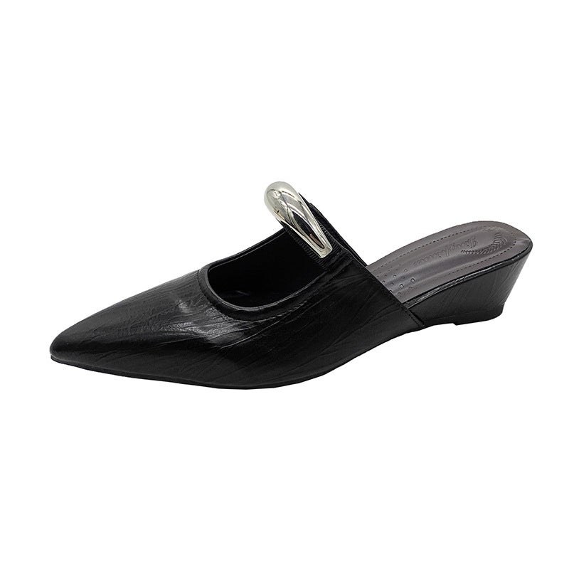 French Retro Wedge Heel Pointed Toe Mule Shoes 2025 Spring And Style Metal Thick Heel Feminine Toe-Toe Shoes Half Slippers - Image 1
