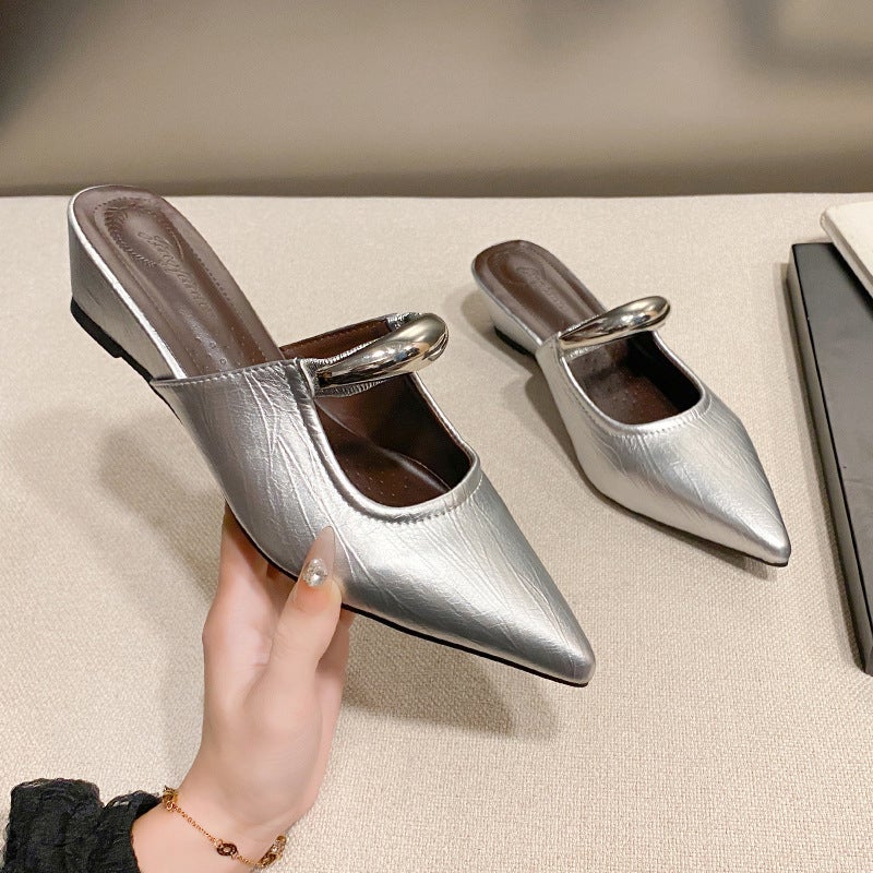 French Retro Wedge Heel Pointed Toe Mule Shoes 2025 Spring And Style Metal Thick Heel Feminine Toe-Toe Shoes Half Slippers - Image 4