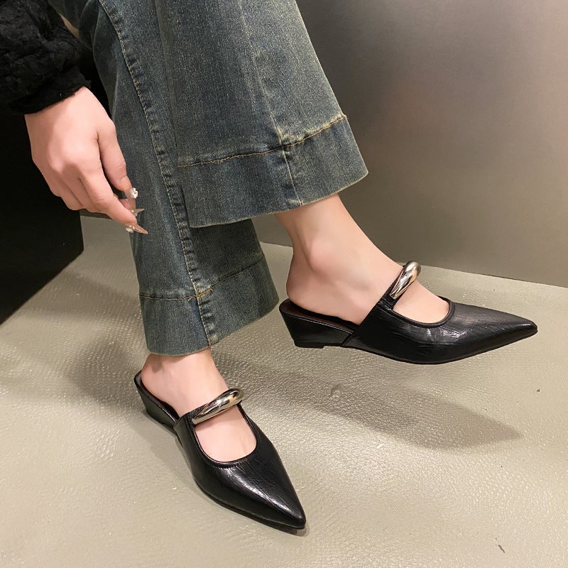French Retro Wedge Heel Pointed Toe Mule Shoes 2025 Spring And Style Metal Thick Heel Feminine Toe-Toe Shoes Half Slippers - Image 5