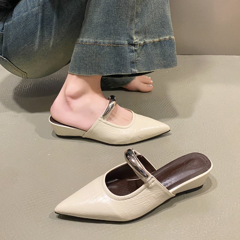 French Retro Wedge Heel Pointed Toe Mule Shoes 2025 Spring And Style Metal Thick Heel Feminine Toe-Toe Shoes Half Slippers - Image 3