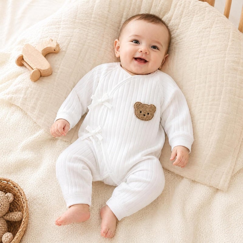 Babyfond Newborn Baby's Cotton Bodysuit, Cute Bear Patched Casual Long Sleeve Onesie, Toddler & Infant Boy's Girl's Clothing - Image 2