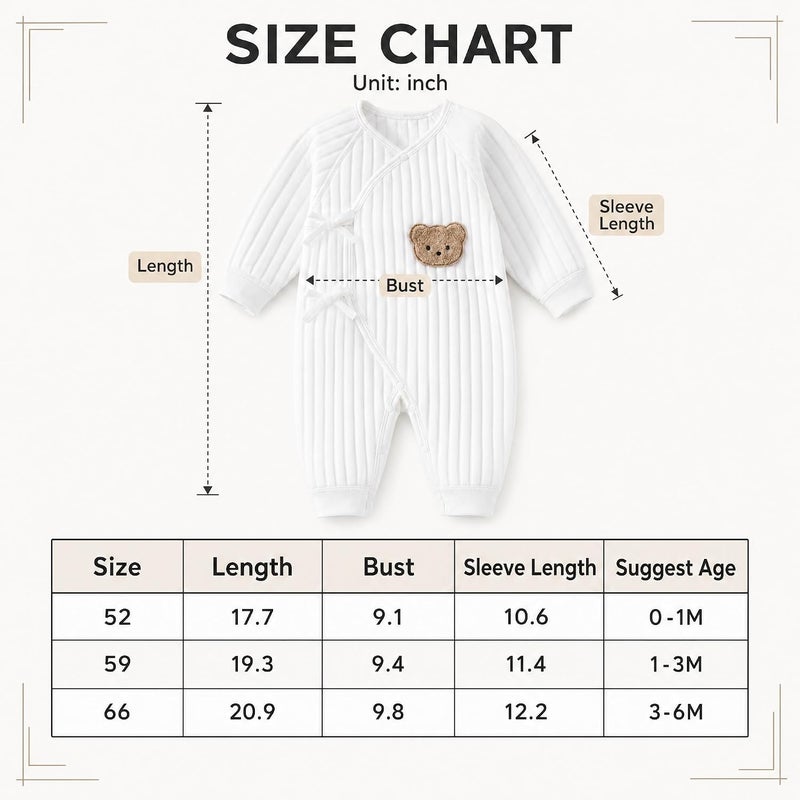 Babyfond Newborn Baby's Cotton Bodysuit, Cute Bear Patched Casual Long Sleeve Onesie, Toddler & Infant Boy's Girl's Clothing - Image 3