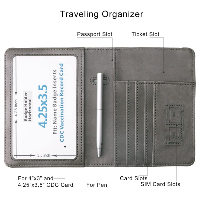 WALNEW Passport Holder Wallet, RFID Blocking Passport Cover Case PU leather Card Holder with Pen and Clear Card Slot for Women Men, Gray - Image 3