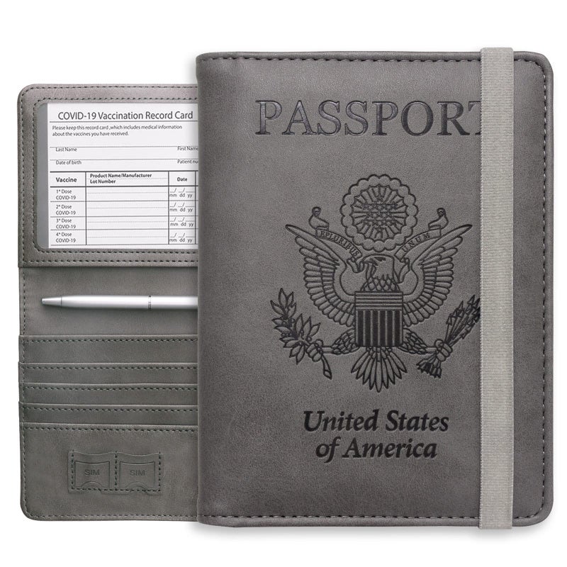 WALNEW Passport Holder Wallet, RFID Blocking Passport Cover Case PU leather Card Holder with Pen and Clear Card Slot for Women Men, Gray - Image 1