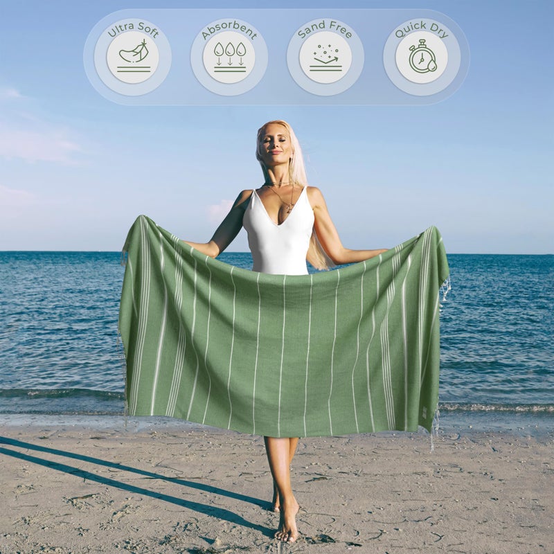Ossano Turkish Beach Towel Absorbent & Quick Dry Oversized (39" x 71") - Decorative, Versatile and Functional as Yoga Mat, Picnic Blanket, Travel Blanket, Bath, Cruise, Gym Towel - Green - Image 2