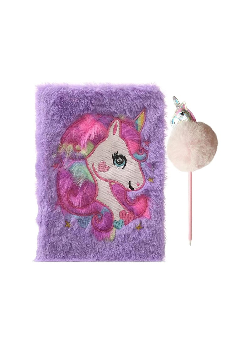 Party with Emma Unicorn Notebook Unicorn Pen Magic Diary for Girls Lovely Unicorn Fluffy Notebook 160 Pages for Writing and Drawing Birthday Gift for Girls (Purple)  - Image 1