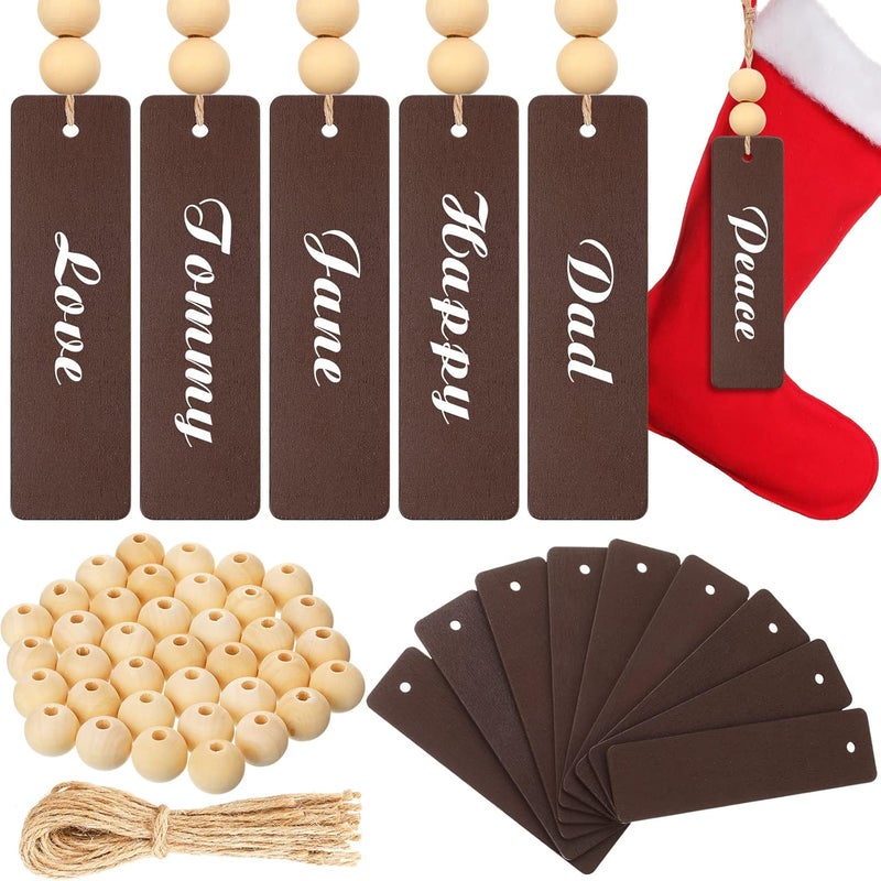 Marsui 110 Pieces Christmas Stocking Name Tags Stocking Tags Unfinished Wooden Tags Xmas Stocking Hanging Tag Natural Wooden Beads with Ropes for Christmas Stockings Decor (Rectangle) - Image 1