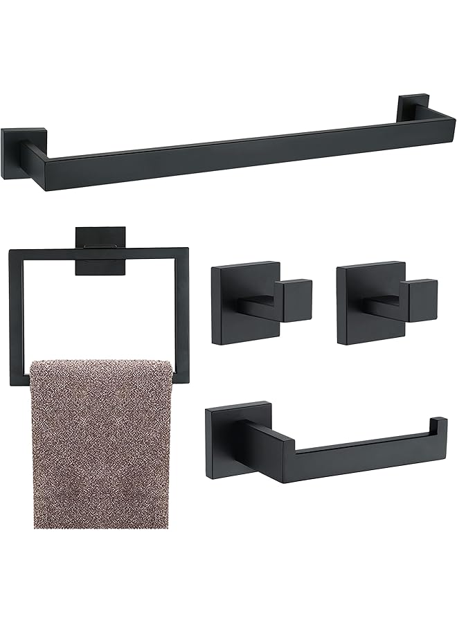 promass 5 Pieces Bathroom Hardware Accessories Set Matte Black, 16Inch Bathroom Towel Rack Set SUS304 Stainless Steel, Square Bath Towel bar Set Heavy Duty, Wall Mounted - Image 1