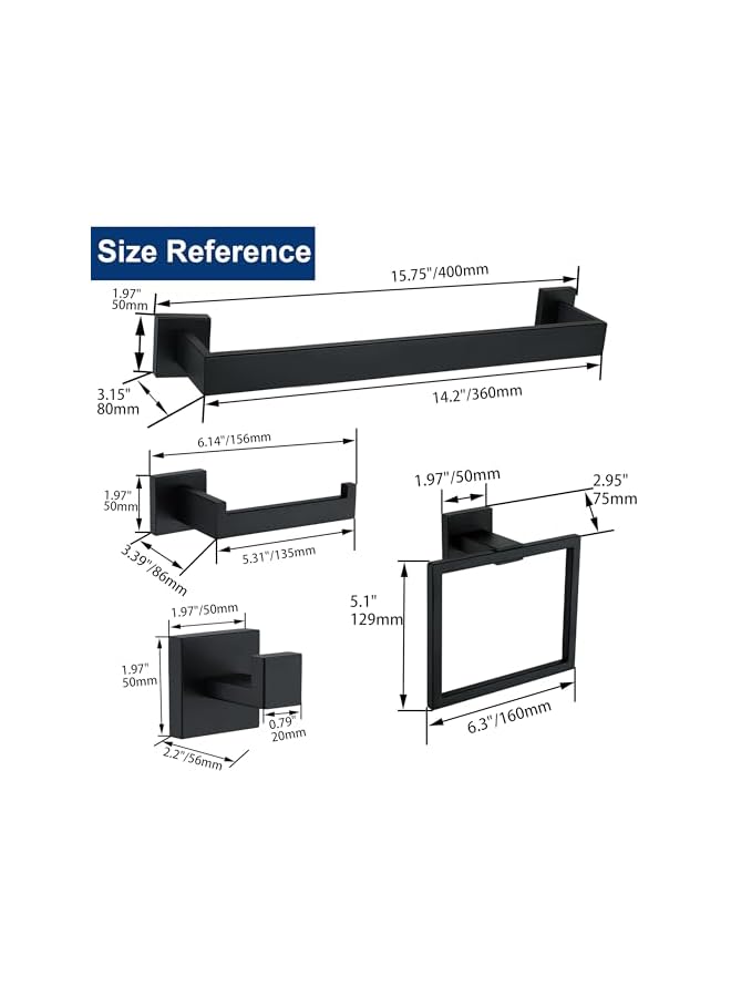 promass 5 Pieces Bathroom Hardware Accessories Set Matte Black, 16Inch Bathroom Towel Rack Set SUS304 Stainless Steel, Square Bath Towel bar Set Heavy Duty, Wall Mounted - Image 5