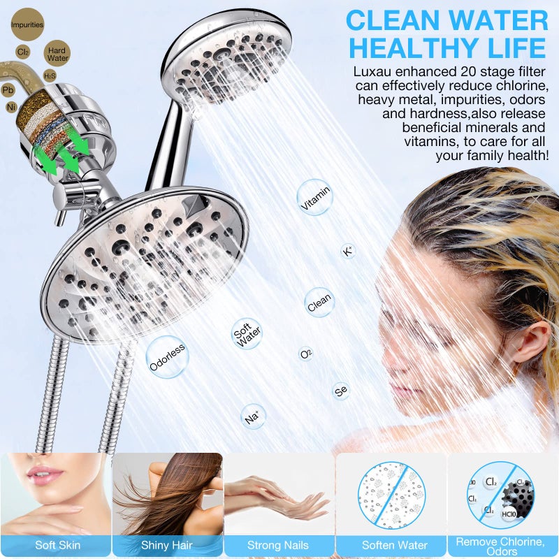 Luxau Dual Filtered Shower Head Showerhead 79"" Hose Handheld Sprayer Combo Filtration Rain Rainfall 20 Stage Water Filter For Chlorine Well Hair Dry Skin Metal Diverter Chrome (Dsfc04 Round 8"") - Image 3