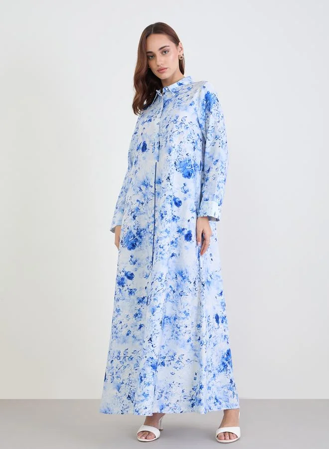 Amirah Women Blue Floral Printed Collared Jalabiya