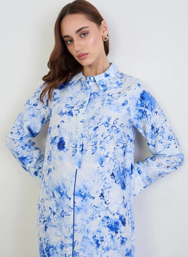 Amirah  Women Blue Floral Printed Collared Jalabiya for Women | Best Price UAE