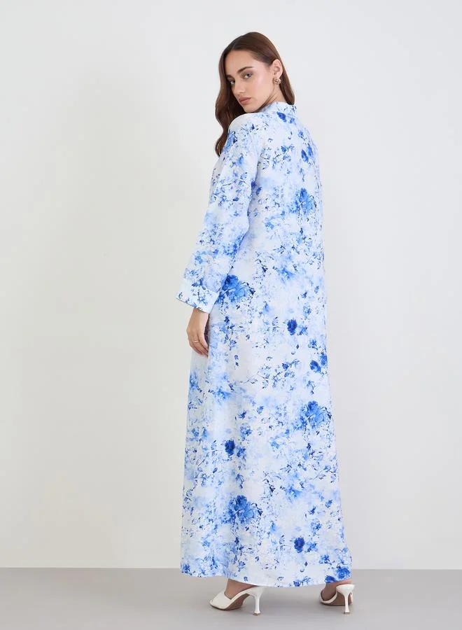Amirah  Women Blue Floral Printed Collared Jalabiya for Women | Best Price UAE