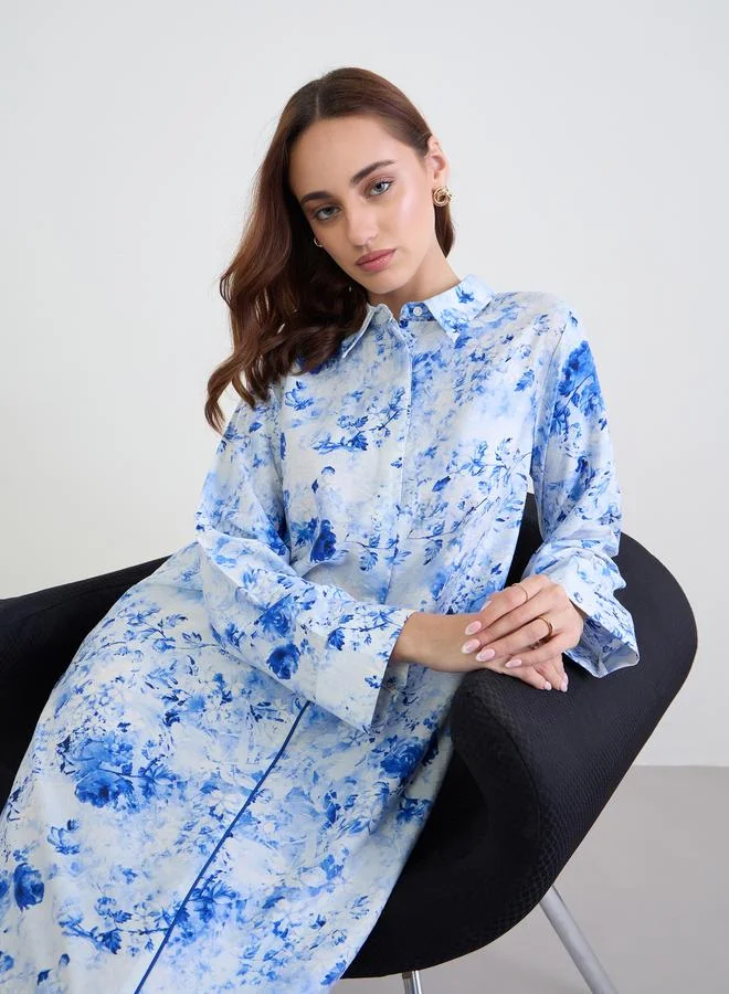 Amirah  Women Blue Floral Printed Collared Jalabiya for Women | Best Price UAE