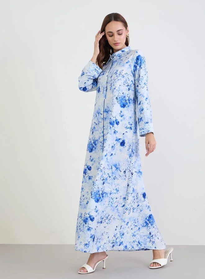 Amirah Women Blue Floral Printed Collared Jalabiya