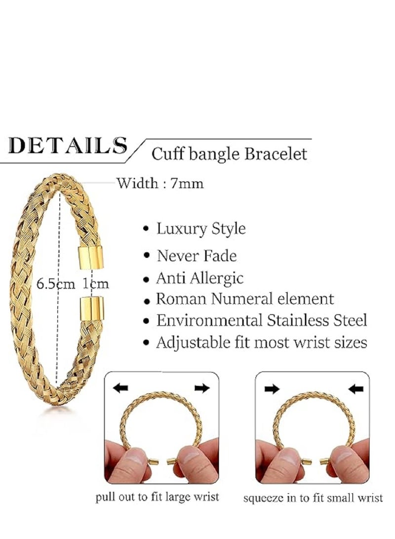3PCS Stainless Steel Bracelets for Men And Woman Gold Roman Numeral Bangle Bracelet Twisted Cable Bracelet Adjustable Cuff Bracelet Mens Luxury Jewelry Bracelets Gifts - Image 2