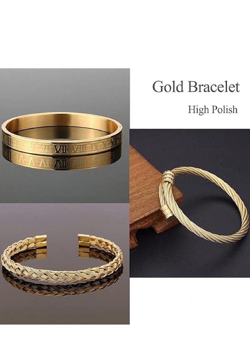 3PCS Stainless Steel Bracelets for Men And Woman Gold Roman Numeral Bangle Bracelet Twisted Cable Bracelet Adjustable Cuff Bracelet Mens Luxury Jewelry Bracelets Gifts - Image 4
