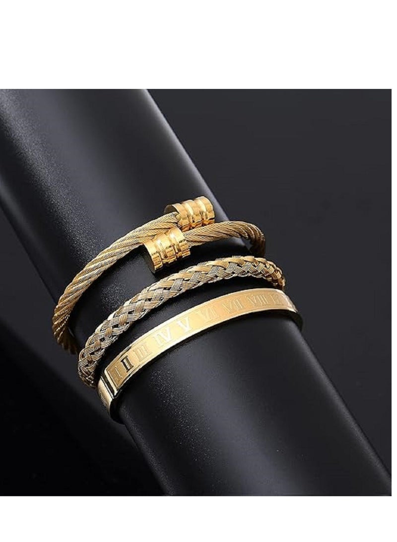 3PCS Stainless Steel Bracelets for Men And Woman Gold Roman Numeral Bangle Bracelet Twisted Cable Bracelet Adjustable Cuff Bracelet Mens Luxury Jewelry Bracelets Gifts - Image 5