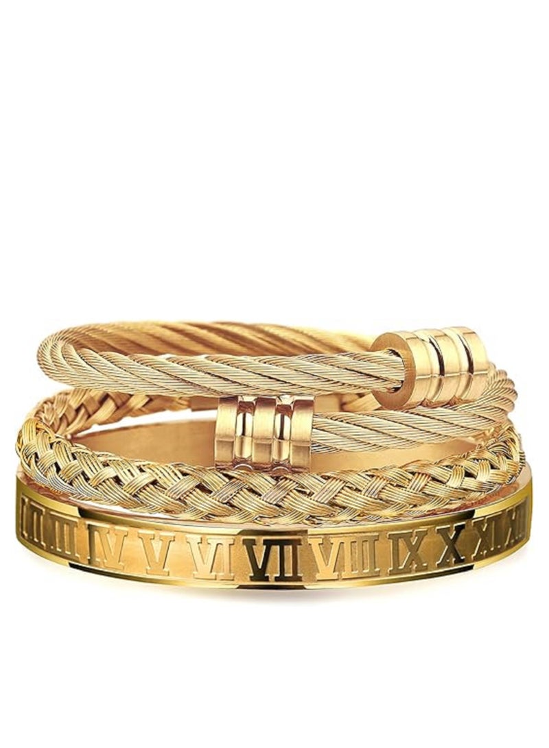 3PCS Stainless Steel Bracelets for Men And Woman Gold Roman Numeral Bangle Bracelet Twisted Cable Bracelet Adjustable Cuff Bracelet Mens Luxury Jewelry Bracelets Gifts - Image 1