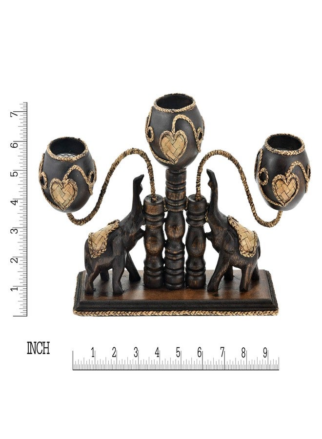 ايرافيدا حامل شموع خشبي تايلاندي فريد من نوعه من إيرافيدا، منحوت يدويًا، على شكل فيلة تحمل 3 شموع، مزين بزخارف من الخيزران على شكل قلب | ديكور منزلي خشبي تايلاندي | قطعة مركزية - Image 5