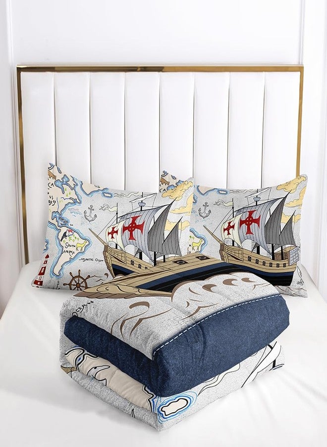 Suncloris Blue Ocean Nautical Comforter Set for Kids Teens, Twin Size Vintage Pirate Sailing Ship Bedding Comforter with 2 Ancient Sailboat Anchor Pattern Pillowcases - 68" x 86" (Twin, 01) - Image 4