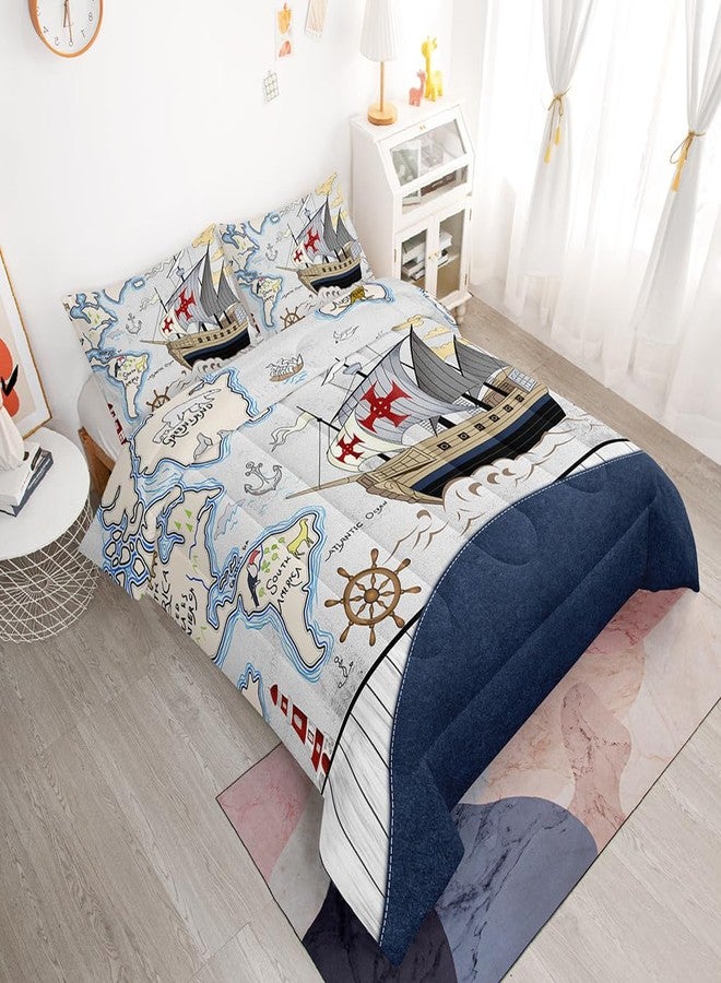 Suncloris Blue Ocean Nautical Comforter Set for Kids Teens, Twin Size Vintage Pirate Sailing Ship Bedding Comforter with 2 Ancient Sailboat Anchor Pattern Pillowcases - 68" x 86" (Twin, 01) - Image 2