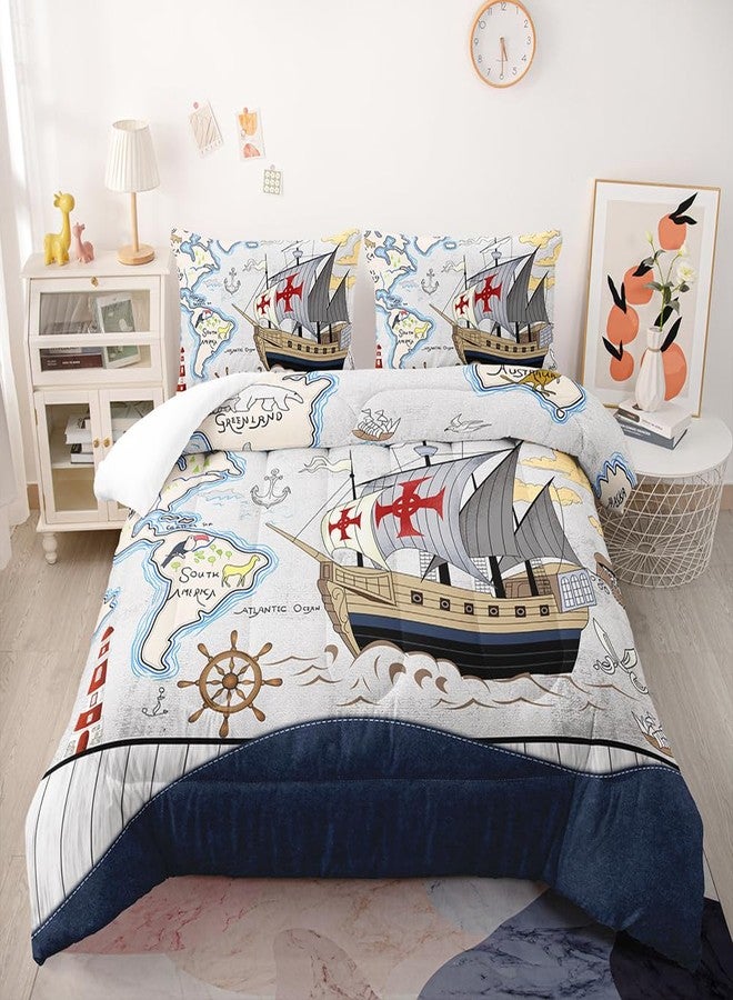 Suncloris Blue Ocean Nautical Comforter Set for Kids Teens, Twin Size Vintage Pirate Sailing Ship Bedding Comforter with 2 Ancient Sailboat Anchor Pattern Pillowcases - 68" x 86" (Twin, 01) - Image 1