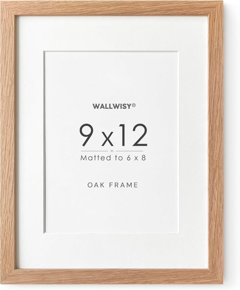 wallwisy 9x12 Wood Frame, Solid Oak 9x12 Picture Frame with Mat to 6x8, Natural Oak 12x9 Frames, Set of 1 - Image 1