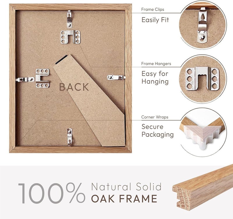 wallwisy 9x12 Wood Frame, Solid Oak 9x12 Picture Frame with Mat to 6x8, Natural Oak 12x9 Frames, Set of 1 - Image 4