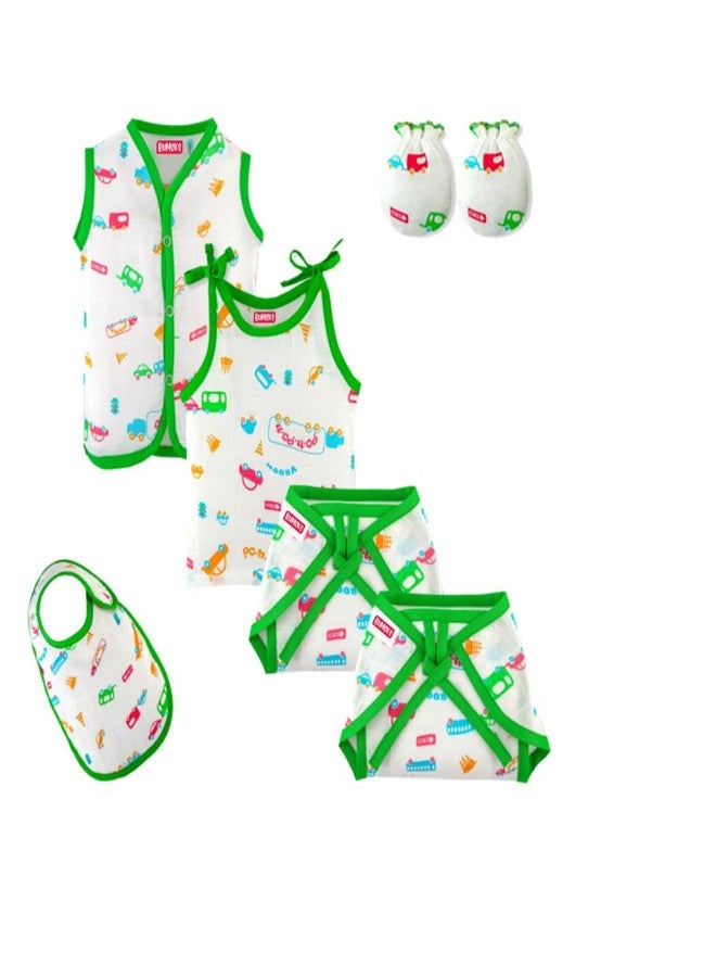 Bumsies Newborn Baby Clothing Gift Set –Soft 100% Cotton Essentials for Boys & Girls | Gift Box Pack of 6-1Vest, 1Slip, 2Tie-Up Nappy/Langot, 1Bib & 1Pair Mittens | Green (New Born) - Image 1