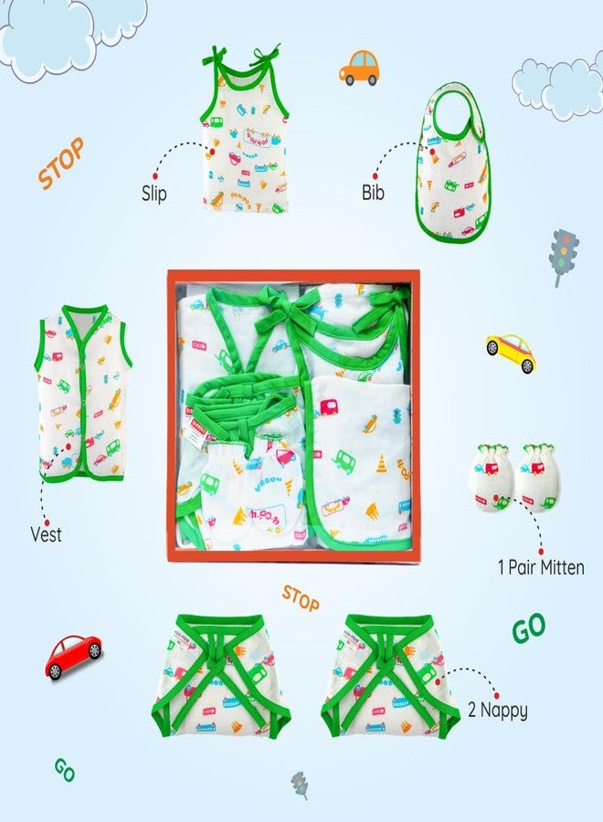 Bumsies Newborn Baby Clothing Gift Set –Soft 100% Cotton Essentials for Boys & Girls | Gift Box Pack of 6-1Vest, 1Slip, 2Tie-Up Nappy/Langot, 1Bib & 1Pair Mittens | Green (New Born) - Image 2
