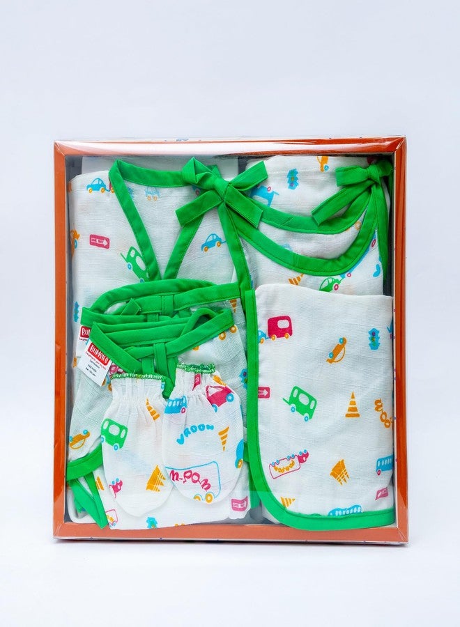 Bumsies Newborn Baby Clothing Gift Set –Soft 100% Cotton Essentials for Boys & Girls | Gift Box Pack of 6-1Vest, 1Slip, 2Tie-Up Nappy/Langot, 1Bib & 1Pair Mittens | Green (New Born) - Image 3