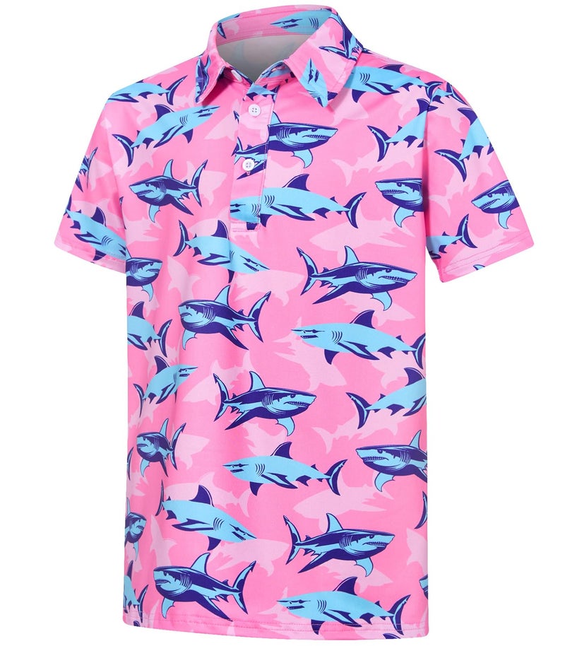 Cuddomper Boys Polo Shirt Size 9-10 Short Sleeve Hawaiian Pink Golf Clothes Shark Performance Dry Fit Tops for Active Casual - Image 1