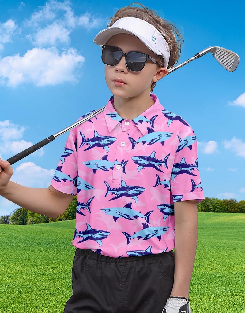 Cuddomper Boys Polo Shirt Size 9-10 Short Sleeve Hawaiian Pink Golf Clothes Shark Performance Dry Fit Tops for Active Casual - Image 2
