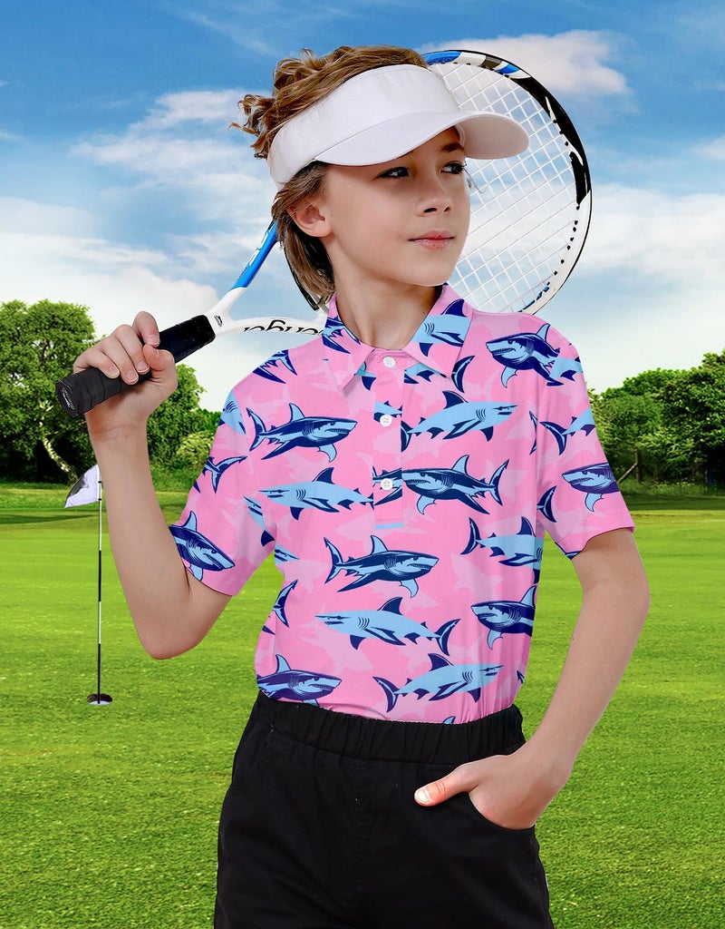 Cuddomper Boys Polo Shirt Size 9-10 Short Sleeve Hawaiian Pink Golf Clothes Shark Performance Dry Fit Tops for Active Casual - Image 3