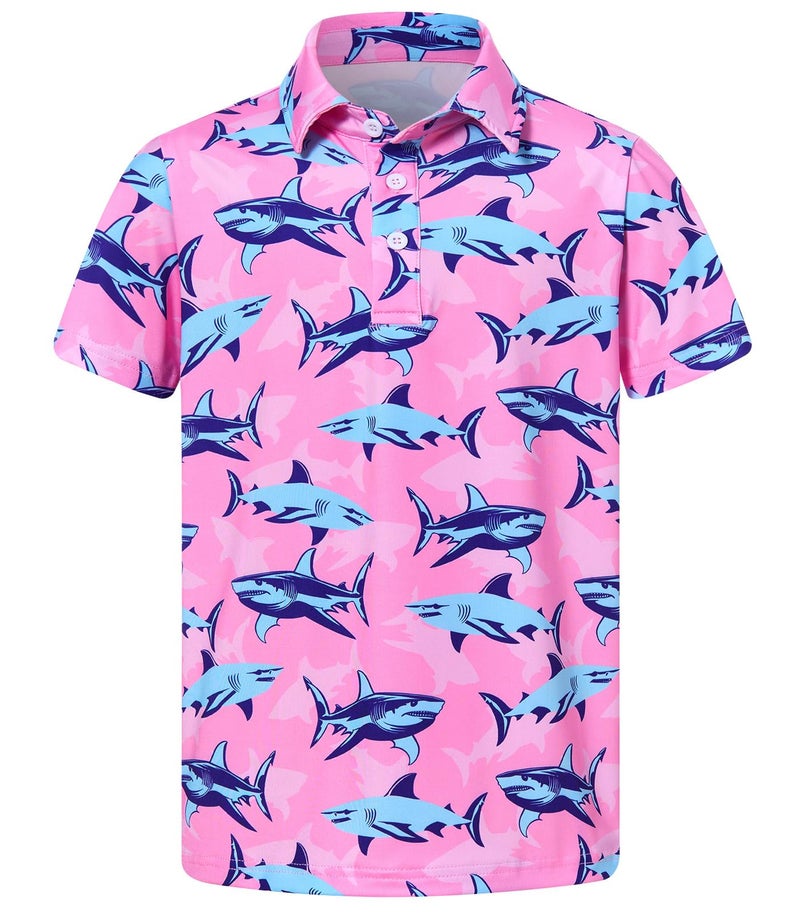 Cuddomper Boys Polo Shirt Size 9-10 Short Sleeve Hawaiian Pink Golf Clothes Shark Performance Dry Fit Tops for Active Casual - Image 4