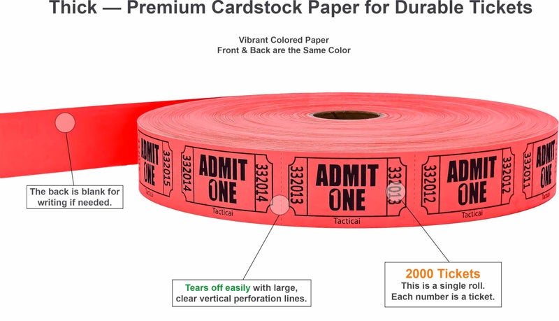 Tacticai 2000 Raffle Tickets, Admit One, Single Roll, Ticket for Events, Entry, Class Reward, Fundraiser & Prizes - Red (1 of 8 Colors) - Image 2