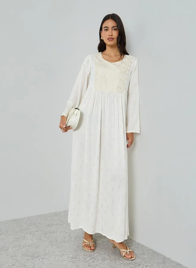 White Jacquard Long Sleeves Jalabiya