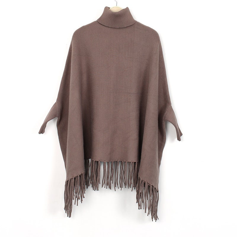 European and American autumn and winter high collar pullover ladies tassel cape monochrome cashmere shawl bat sleeve coat wholesale Khakis 