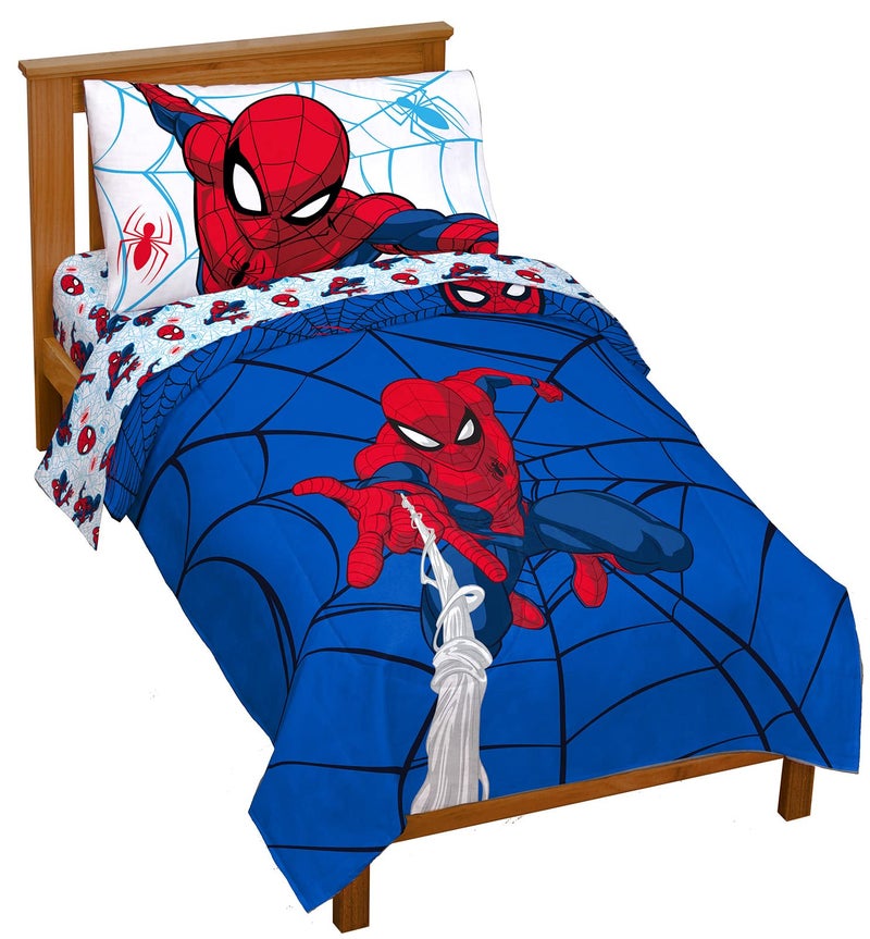 Jay Franco Marvel Spiderman Webtastic 4 Piece Toddler Size Bed Set - Super Soft Microfiber Bed Set Includes Toddler Size Reversible Comforter & Sheet Set Bedding (Official Marvel Product) - Image 1