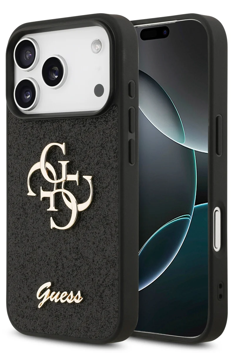 جس جراب iPhone 17 Pro PU لامع مع شعار 4G معدني كبير / تصميم نحيف للغاية / خفيف الوزن / سهل التركيب - أسود