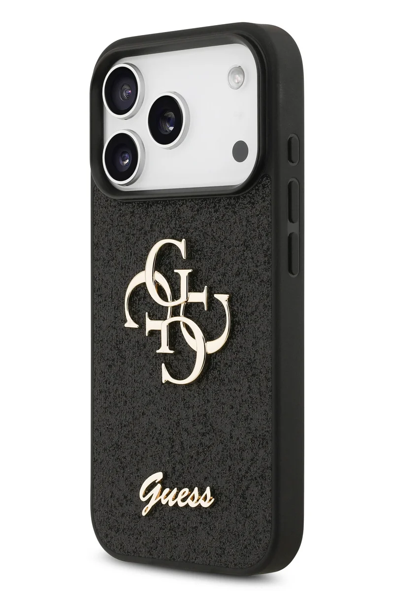 GUESS  iPhone 17 Pro PU Glitter Case With Big 4G Metal Logo  / Ultra Slim / lightweight design / Easy Installation - Black  | Best Price UAE